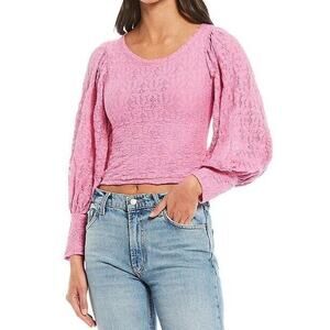 Free People Tea Time Lace Puff Sleeve Blouse Top In Pink Boho Cottagecore Fairy